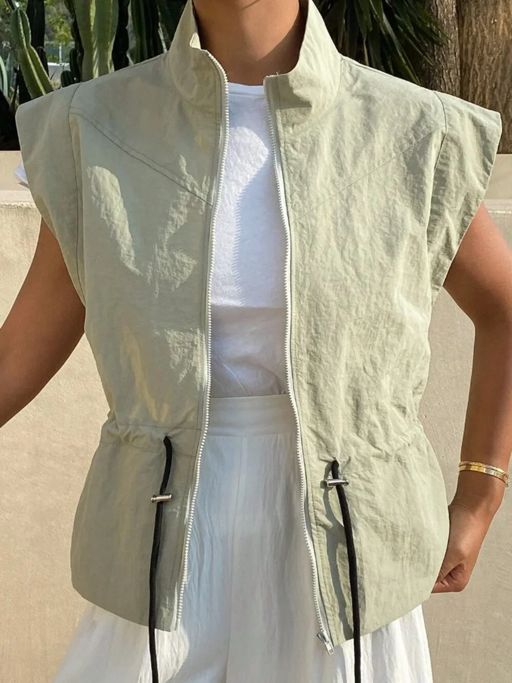 Green Casual Women's Loose Drawstring Waist High Neck Sleeveless Jacket